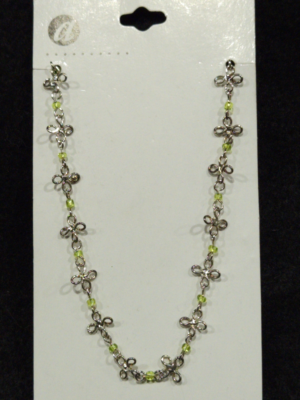 Vintage Afterthoughts Silver Filigree Flower Link Necklace Lime Green Bead